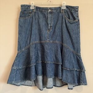 Vintage Lauren Ralph Lauren Denim Tiered Ruffle Knee Length Skirt Size 16 Wester
